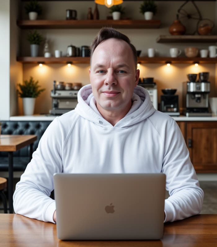 Autor Anatol M. Francis sitzt in einem Café an seinem Notebook